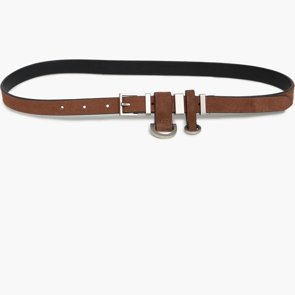 All Saints Brown Suede Double-Loop Utility Leather Belt with Silver Hardware